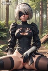 1girls 2b_(nier:automata) ai_generated artist_name black_blindfold black_dress black_gloves black_hairband black_thighhighs blindfold boots breasts cleavage_cutout clothing_cutout covered_eyes dress facing_viewer feather-trimmed_sleeves female female_masturbation fingering forest gloves hairband hi_res leotard lips long_sleeves masturbation medium_breasts mole mole_under_mouth nature nier:_automata nier_(series) nier_replicant nipples no_panties outdoors parted_lips puffy_sleeves pussy pussy_juice r34arts short_hair sitting solo spread_legs thighhighs tree uncensored white_hair yorha_2b