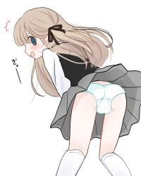 1boy ass bending_forward blonde_hair bulge crossdressing femboy male original_character otoko_no_ko panties shirokuro_anpan solo surprised sweatdrop trap upskirt white_panties white_thighhighs