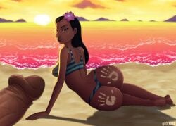 1boy 1girls ass beach big_ass big_penis bikini black_hair bubble_butt dark-skinned_female dark_skin disney erection female handprint handprint_on_ass lilo_and_stitch male nani_pelekai penis veiny_penis yolkiin