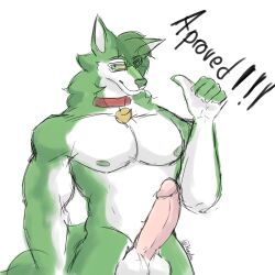 1:1 anthro breasts canid canine canis collar digital_media_(artwork) erection eyewear fur furro_verde_(kaisitou14) gay gay_male genitals gesture glasses green_body hair hand_gesture hi_res homosexual homosexual_male kaisitou14 looking_at_viewer male male/male male_only male_penetrating mammal muscular nipples nude penis simple_background solo tail text thumbs_up translated wolf yellow_sclera