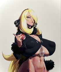 1girls big_breasts blonde_female blonde_hair coat cynthia_(pokemon) female game_freak huge_breasts long_hair nintendo pokeball pokemon shiwasu11