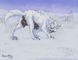 animal_genitalia animal_vulva beastmilk big_pussy breasts canid canine canine_genitalia canine_vulva canis cookie english_text female feral food genitals looking_at_viewer mammal multi_breast plump_labia snarling snow teeth text url vulva winter wolf