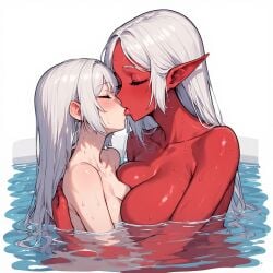 2girls ai_generated blush closed_eyes embrace honeymoon human_on_monster_girl kissing large_breasts long_hair married_couple monster_girl pointed_ears pool red_skin romantic size_difference small_breasts tongue_kiss water wet white_hair wife_and_wife yuri