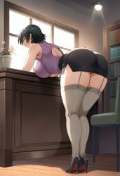 1girls against_table ai_generated ass ass_focus bangs bent_over bible_black bible_black_only black_clothes black_hair black_skirt breasts brown_eyes clothes_lift clothing collared_shirt curvaceous curvaceous_female curvaceous_figure curvy curvy_figure desk earrings enigmata female female_focus female_only from_behind full_body grey_thighhighs half-closed_eyes heels high_heels high_resolution highres huge_ass indoors inviting inviting_to_sex jewelry large_breasts legwear lips lipstick looking_at_viewer looking_back makeup mature_female minase_yukiko miniskirt panties pantsu parted_lips partially_visible_vulva pinup pleated_skirt presenting presenting_ass presenting_hindquarters purple_shirt revealing_clothes seductive seductive_look seductive_smile shirt short_hair skimpy skimpy_clothes skirt skirt_lift sleeveless sleeves_rolled_up solo table teacher thick_thighs thighhighs thighs thong underwear uniform very_high_resolution voluptuous voluptuous_female window yellow_eyes