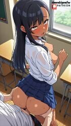ahe_gao ai_generated anime anime_character anime_coloring anime_girl anime_screencap anime_style ass asymmetrical_bangs black_hair blue_skirt blush blush_lines breasts breasts_out brown_eyes classroom day earclip grabbing_ass hairclip hayase_nagatoro hi_res high_quality indoors long_hair open_mouth patreon penis_in_pussy please_don't_bully_me,_nagatoro sex shy small_breasts standing standing_sex tan timeskipnsfw white_shirt