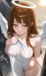 ai_generated angel angel_girl angel_wings bangs bathing bathroom bathroom_stall brown_eyes brown_hair covered_nipples covering_body covering_breasts demon_slayer halo kimetsu_no_yaiba long_hair looking_away looking_pleasured mizuki_hoshizora my_hero_academia original_character pale_skin shower shower_room shy_expression towel towel_only towel_over_breasts translucent
