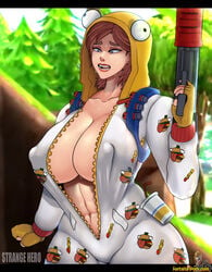 alternate_costume big_breasts blue_eyes breasts brown_hair cleavage epic_games fingerless_gloves fortnite fortnite:_battle_royale gloves huge_breasts large_breasts navel navel_line nipple_bulge onesie onesie_(fortnite) short_hair strangehero sweat sweatdrop tagme wide_hips