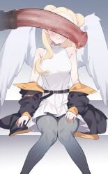 1boy absurdres angel_wings animal_penis armpit_crease bare_shoulders belt black_belt black_jacket blonde_hair blush breasts censored commentary commission darkdeaththorn double_bun dress english_commentary feet_out_of_frame female female_on_feral feral feral_on_female feral_on_humanoid girthy_penis grey_background grey_pantyhose hair_bun hair_over_shoulder highres horse horse_penis huge_cock humanoid_on_feral imminent_bestiality imminent_sex jacket knees_together_feet_apart long_hair long_sleeves medium_breasts mosaic_censoring off_shoulder original pantyhose penis penis_on_face penis_over_eyes shirt short_dress sitting sleeveless sleeveless_shirt smile straight white_dress wings zoophilia