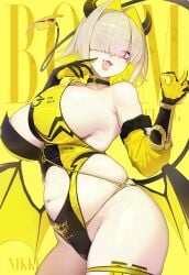 absurdres alternate_costume black_collar blonde_hair breasts collar commentary cowboy_shot curvy demon_tail demon_wings elegg_(nikke) female goddess_of_victory:_nikke hair_intakes hair_over_one_eye highres houh888 huge_breasts navel one-piece_swimsuit plump purple_eyes short_hair skindentation solo stomach swimsuit tail tongue tongue_out wings yellow_background yellow_one-piece_swimsuit