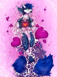 andromorph anthro big_tail blue_body blue_fur blue_hair blue_inner_ear_fluff blue_markings blue_tail blue_vulva blush canid canine canis damasath dragon ear_piercing facial_piercing floating fur genitals green_eyes hair heart_symbol hi_res horn hybrid inner_ear_fluff intersex looking_at_viewer mammal markings monarch_(tab) mythological_creature mythological_scalie mythology nonbinary_(lore) nose_piercing pawpads piercing scalie septum_piercing simple_background smile smiling_at_viewer solo tail tuft vulva water wolf