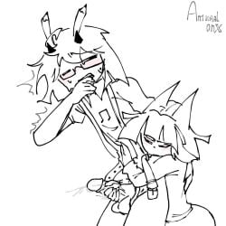 behind_another clothed clothing female fundamental_paper_education jerking jerkingoff_another male miss_bloomie_(fundamental_paper_education) mister_demi_(fundamental_paper_education)