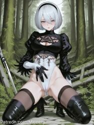 2b_(nier:automata) ai_generated artist_name ass_visible_through_thighs black_dress black_footwear black_gloves black_hairband black_thighhighs blue_eyes blush boots breasts brown_thighhighs cameltoe cleavage cleavage_cutout clothing_cutout covered_navel dress feather-trimmed_sleeves feather_trim female forest full_body gloves grass groin hair_between_eyes hairband high_heel_boots high_heels highleg highleg_leotard juliet_sleeves katana kneeling large_breasts leotard lips long_sleeves looking_at_viewer medium_breasts mionety mole mole_under_mouth nature nier:automata nier_(series) no_blindfold outdoors parted_lips patreon_username post-apocalypse puffy_sleeves short_hair sleeved_leotard solo spread_legs sword thigh_boots thighhighs thighhighs_under_boots thighs tree turtleneck vambraces weapon weapon_on_back white_hair white_leotard