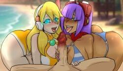 1boy 2girls alia beach big_ass big_breasts blonde_hair blue_eyes blue_swimsuit blush green_eyes hair_over_one_eye handjob layer mega_man mega_man_x mega_man_x_dive open_mouth orange_swimsuit penis ponytail principenegro purple_hair robot_girl swimsuit swimsuit_alia_(x_dive) swimsuit_layer_(x_dive) tongue_out