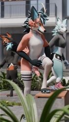 3d_(artwork) 4k 9:16 absurd_res antlers bodily_fluids canid canine canis clothed clothing collar digital_media_(artwork) dripping erection exhibitionism fox genital_fluids genitals group hi_res hoodie horn knot knotted_penis lagomorph legwear looking_at_butt male male_focus mammal nudist outside penis precum precum_drip public public_nudity sany_van_fox sanythefox surprised thigh_highs topwear trio wings wolf wolpertinger