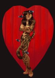 absurd_res anthro azaroteu bodily_fluids brown_hair covering covering_self crossed_arms felid feline female genital_fluids hair hi_res knife knife_play leopardus mammal margay peeing pubes scared skinny solo standing throwing_knife twintails urine wetting