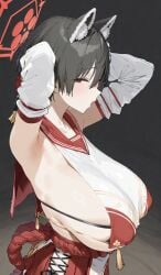 1girls animal_ears black_hair blue_archive blush breasts elbow_gloves female halo huge_breasts presenting_armpit raccoon_ears short_hair sideboob solo tsubaki_(blue_archive)