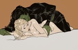 2girls black_hair blonde_hair breasts cbb_(tuucoo) colored_skin elphaba_thropp good_witch_of_the_north green_skin highres multiple_girls non-web_source nude on_bed wicked yuri