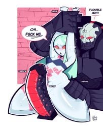 1boy 1girls about_to_pound_the_fuck_outta_em adam_smasher artificial_eye artificial_penis breasts colored_sclera colored_skin cyber_skeleton_(cyberpunk) cyberpunk:_edgerunners cyberpunk_(series) cyborg female goodbyellow hair_ornament hellavenderr highres imminent_rape large_penis leg_tattoo mechanical_eye medium_breasts metal_skin neck_tattoo penis pink_tattoo pussy rebecca_(cyberpunk) rebecca_(edgerunners) red_pupils red_sclera stomach_tattoo straight tattoo thick_thighs thighs twintails white_skin