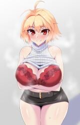 ahoge alternate_breast_size_(larger) alternate_costume arcueid_brunestud belt black_skirt blonde_hair blush bra breast_focus breasts commentary_request crossed_arms female hair_intakes highres huge_breasts large_breasts looking_at_viewer miniskirt red_bra red_eyes short_hair sippori skirt sleeveless sleeveless_turtleneck smile solo steam sweat sweater thick_thighs thighs tsukihime turtleneck turtleneck_sweater underwear