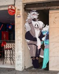 a_chance_encounter after_oral alleyway_milf_(meme) anthro aquatic bikini blue_hair bodily_fluids boots clothing colombia cum cum_in_mouth cum_inside cum_string duo fish fishnet_clothing footwear frosty_(sharky) furrreun genital_fluids green_eyes grey_hair gynomorph hair hat headgear headwear hi_res intersex intersex/intersex meme pasties public public_nudity public_sex red_eyes saliva saliva_string sex shark shiro_(lewdperp) shoes size_difference swimwear two-piece_swimsuit