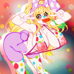 animal_crossing anthro blonde_hair blush breasts carrot chrissy_(animal_crossing) clothed clothing crystal-for-ever detailed_background female female_only fluffy fluffy_tail food fur hare nintendo nipples open_mouth open_smile partially_clothed purple_fur rabbit smile tail teeth tongue tongue_out two_tone_fur white_fur yellow_eyes