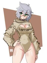 bandage carhartt_leotard carrhartt female green_eyes looking_at_viewer sorithespooky white_hair