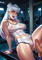 1boy 1boy1girl 1girls abs ai_generated artifactglitch bangs big_penis blush bracelet cameltoe chocker cum cum_drip cum_dripping earrings erection evelynn evelynn_(league_of_legends) glowing_eyes gym gym_uniform hair_buns k/da_all_out_evelynn k/da_all_out_series k/da_series laughing league_of_legends legs legs_apart long_hair looking_at_penis makeup nipples nipples_visible_through_clothing open_mouth penis purple_lipstick purple_nails pussy riot_games smile sportswear sweat sweating transparent_clothing veiny_penis watermark white_hair yellow_eyes