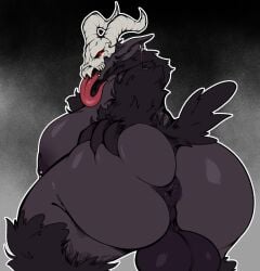 anthro anus ass backsack balls big_balls big_breasts big_butt big_ears bone breasts deoxystpz_(character) digital_media_(artwork) disgusting_xin ear_piercing fur genitals gynomorph hi_res horn huge_breasts huge_butt humanoid intersex long_tongue mammal nipple_piercing nipples nude open_mouth perineum piercing rear_view red_eyes simple_background skull skulldog_(species) solo spread_butt spreading tail teeth thick_thighs tongue tongue_out wide_hips