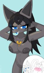 2026 3:5 absurd_res agui_(artist) big_breasts black_hair black_nipples blue_eyes breasts canid canine devil_connection devilun female female/female fox fox_tail genitals grey_body hair hi_res humanoid liuli long_hair makemon mammal nipples oc oc_x_canon original_character smoking solo vulva