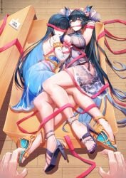 1girls 2girls bare_back bare_legs bare_shoulders bisexual black_hair blindfold blue_hair blush bondage breasts feet female gift gift_box gift_wrapped highres lucia_(punishing:_gray_raven) nail_polish painted_nails painted_toenails punishing:_gray_raven red_eyes robot_girl selena_(punishing:_gray_raven) sexy skaven_gongcheng_shushi soles straight_hair toes twintails wedge_heels wrapped wraps yuri