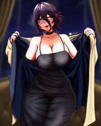 ass big_breasts bubble_butt chainsaw_man diforland dress gonahole green_eyes head hourglass_figure oral oral_sex purple_hair reze reze_(chainsaw_man) severed_head short_hair thick_thighs thighs waiting yaki_chun