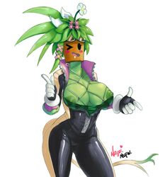 1girls blaster_master bodysuit cleavage curvy finger_gun flower flower_pot gloves green_skin kanna_(blaster_master) large_breasts mob_face nagainosfw nipple_slip plant plantie pose skin_tight solo standing tail unzipped white_background