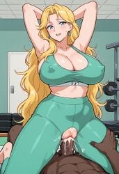 ai_generated big_breasts big_penis cum_in_pussy cum_inside dark-skinned_male gym jodie_karen_bakuryuu kochikame sex sports_bra yoga_pants