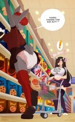 bovine bunny cereal cookies detailed_background diaper diaper_fetish duo english_text exclamation_point grabbing_own_ass grocery_store holding_diaper merunyaa presenting_diaper red_clothing rental_mommy_shirt shopping_cart suprised text_on_clothing
