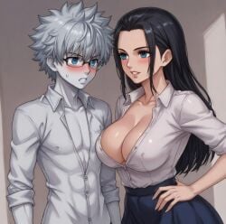 1boy 1boy1girl adult_and_teenager age_difference aged_up ai_generated alternative_universe black_hair blue_eyes blush crossover crossover_pairing female glasses hunter_x_hunter killua_zoldyck male male/female mature_woman milf nico_robin older_female_and_younger_male one_piece pale-skinned_male sexual_tension shy_guy straight teacher_and_student teenager voluptuous_female white_hair