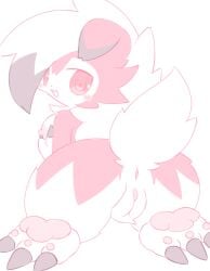 anthro breast_grab breasts canid canine female feral generation_7_pokemon genitals hand_on_breast hi_res looking_at_viewer looking_back lycanroc mammal midnight_lycanroc misumasu nintendo pawpads pokemon pokemon_(species) semi-anthro solo vulva