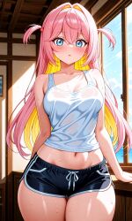 1girls ai_generated blue_eyes breasts female female_focus female_only hispanic_virtual_youtuber kotori_hikari latam_virtual_youtuber light-skinned_female light_skin long_hair looking_at_viewer medium_breasts navel pink_hair sexy shorts standing thighs two-tone_hair vtuber white_shirt yellow_hair