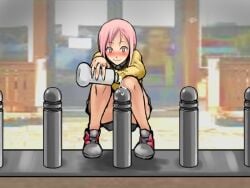 1500sumire blush convenient_censoring exhibitionism imminent_insertion liquid lube pink_hair shoes tagme