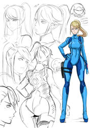 1girls blonde_hair butcha-u colored eroquis female female_focus female_only human looking_at_viewer metroid monochrome ponytail samus_aran simple_background sketch