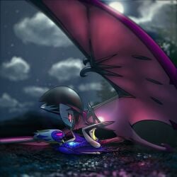 1:1 anal anal_sex anthro anthro_on_feral arthropod big_dom_small_sub blurred_background blurred_foreground bodily_fluids crossover crossover_ship dominant duo feral generation_7_pokemon genitals grimm_(hollow_knight) kissing legendary_pokemon lunala male male/male nintendo penetration penis pink_eyes pink_penis pokemon pokemon_(species) saliva size_difference smile tapering_penis tohjoma tongue tongue_out yellow_penis zoophilia