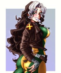 1girls big_ass big_breasts bodysuit bomber_jacket breast brown_hair female fingerless_gloves from_behind gauntlets grabbing_own_ass green_eyes huge_breasts large_breasts light-skinned_female light_skin long_hair marvel marvel_comics marvel_rivals medium_ass multicolored_hair rogue_(marvel_rivals) rogue_(x-men) smile thick_thighs two-tone_hair white_hair x-men yaki_chun