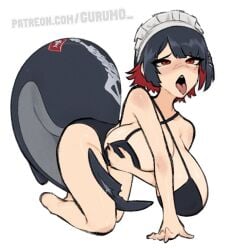 accessory ahe_gao all_fours bikini bikini_bottom bikini_top black_hair clothing ellen_joe female fish frilly frilly_accessory frilly_hairband gurumo hair hair_accessory hairband hand_on_own_breast hi_res highlights_(coloring) humanoid looking_pleasured marine masturbation open_mouth pale_skin red_eyes red_highlights shark shark_tail solo swimwear text tongue tongue_out two-piece_swimsuit url zenless_zone_zero