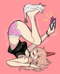 barefoot black_tank_top blonde_hair breasts chainsaw_man cross-shaped_pupils demon_girl demon_horns dolphin_shorts feline female hair_between_eyes highres horns long_hair_between_eyes medium_breasts meowy_(chainsaw_man) orange_eyes pink_background pink_shorts power_(chainsaw_man) red_horns sailen0 short_shorts shorts solo sweat symbol-shaped_pupils tank_top