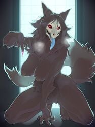 2021 absurd_res anthro belly_tuft black_body black_fur black_hair black_sclera blue_tongue bone breasts canid canine claws crotch_tuft female fur hair hi_res kame_3 kneeling mammal monster nipples red_eyes scp-1471 scp-1471-a scp_foundation skull skull_head solo tongue tongue_out tuft