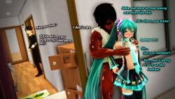 3d 3d_(artwork) 3d_render big_black_cock blue_eyes blue_hair cheating handjob hatsune_miku mikumikudance mmd netorare ntr penis public pussy semen var0x_39