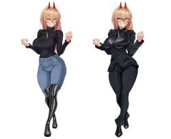 absurdres black_jacket black_pants black_suit black_sweater blonde_hair blue_pants boji_norn boots breasts chainsaw_man demon_girl demon_horns denim female formal_clothes glasses grin hair_between_eyes highres horns jacket jeans large_breasts long_hair long_hair_between_eyes multiple_views pant_suit pants pinstripe_jacket pinstripe_pants pinstripe_pattern power_(chainsaw_man) red_horns simple_background smile striped_clothes striped_jacket suit suit_jacket sweater sweater_tucked_in teeth thigh_boots turtleneck turtleneck_sweater white_background yellow_eyes