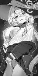 blue_archive blush bow bowtie braid breasts choker clothes_lift collared_shirt cowboy_shot crossed_bangs diagonal-striped_bow diagonal-striped_bowtie diagonal-striped_clothes eri_(blue_archive) female female_pubic_hair greyscale hair_between_eyes hat heart highres izuoku jacket jewelry large_breasts lifting_own_clothes long_hair long_sleeves masturbation monochrome multiple_rings nipples no_bra no_panties off_shoulder open_clothes open_jacket open_mouth open_shirt partially_unbuttoned pleated_skirt pubic_hair pussy pussy_juice ring school_uniform shirt side_halo single_braid skirt skirt_lift solo standing standing_masturbation striped_bow striped_bowtie striped_clothes sweat tilted_halo witch_hat