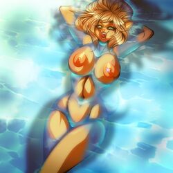 anthro breasts brown_fur brown_hair canid canine crystal-for-ever fangs female female_only fluffy fluffy_tail fur nipple_piercing nipples open_mouth open_smile piercing pitbull smile tail teeth tongue tongue_out water yellow_eyes