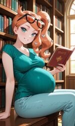ai_generated book_in_hand bookshelf female ginger_female ginger_hair looking_at_viewer pokemon pokemon_professor pokemon_ss pregnant pregnant_belly pregnant_female smiling_at_viewer sonia_(pokemon) sunglasses sunglasses_on_head