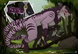 2_tails anal anal_orgasm anthro anus balls bodily_fluids close_up_panel cum cum_from_ass cum_in_ass cum_inside cum_while_penetrated duo ejaculation feral fluffybrownfox forest genital_fluids genitals hands-free heart_symbol hi_res male male/male multi_tail open_mouth orgasm outside penetration plant rock size_difference tail tongue tongue_out tree